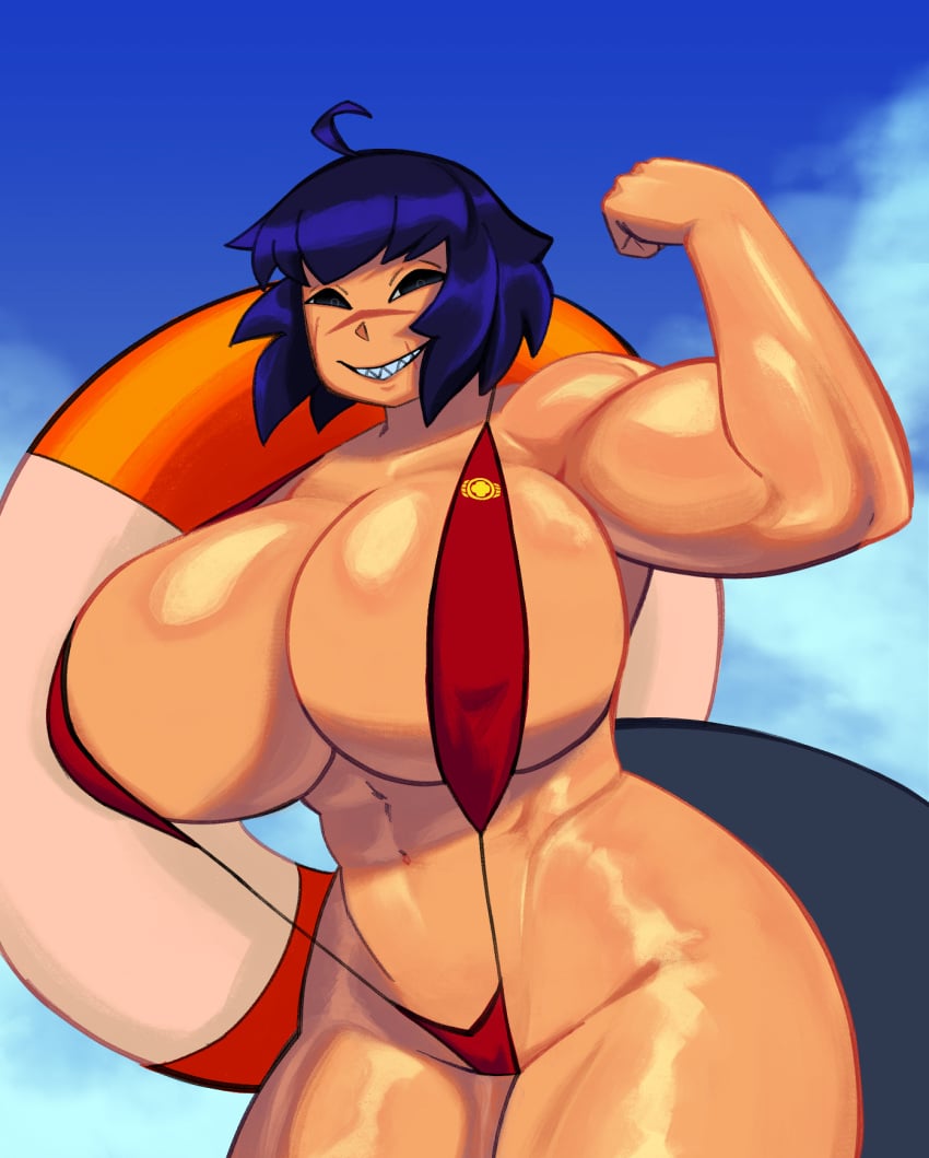 1girls abs armoredrobots beady_eyes big_breasts bikini black_eyes blue_hair breasts female flexing flexing_bicep huge_breasts looking_at_viewer medium_hair muscular muscular_female original original_character pool_toy scar scar_on_face scars shark_girl sharp_teeth smile smiling_at_viewer tanned tanned_female tanned_skin