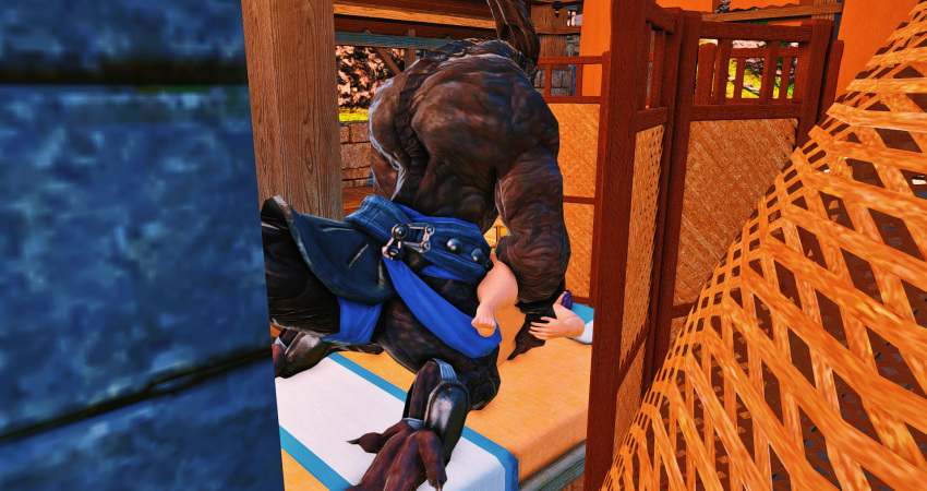 amalj'aa elezen elf_ears elf_female fat fat_woman final_fantasy final_fantasy_xiv gpose(ffxiv) interspecies_sex lizardman mating mating_press monster monster_sex muscular nude nude_female oc pointy_ears purple_hair thick thick_thighs