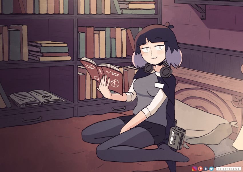 black_cape black_hair black_skirt breasts brown_eyes cassette_player grey_legwear grey_vest happy happy_female hilda_(series) kaisa_(hilda) keetydraws legwear looking_at_viewer open_mouth pantyhose purple_hair shirt skirt thighs two_tone_hair vest white_shirt