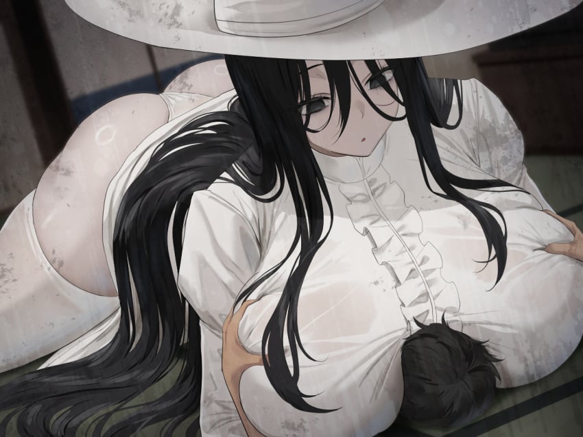 1boy 1girls anime_style ass black_hair breast_smother breasts breasts_on_face dat_ass female femdom giantess hasshaku-sama hat huge_ass huge_breasts japanese_mythology long_hair male oekakizuki pale-skinned_female pale_skin shindere size_difference