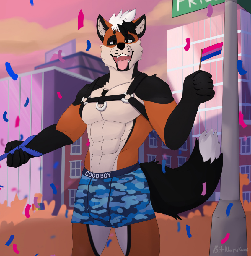 abs anthro bisexual_pride_colors bitnarukami bulge canid canine clothed clothing hi_res lgbt_pride male mammal maned_wolf muscular muscular_male nhox pecs pride_colors solo tongue tongue_out topless