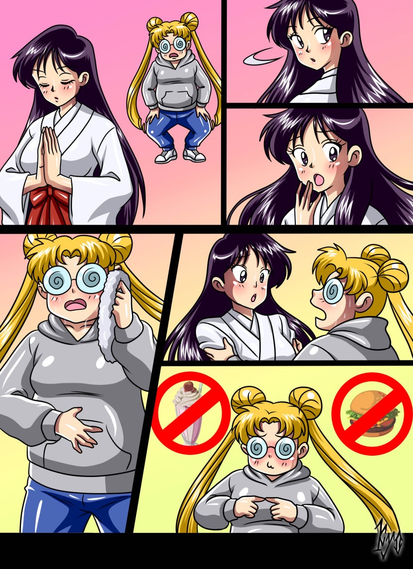 2girls bishoujo_senshi_sailor_moon breasts clothing comic fat female female_only fully_clothed glasses kyo-domesticfucker multiple_girls pre-transformation rei_hino thick_thighs transformation usagi_tsukino wide_hips