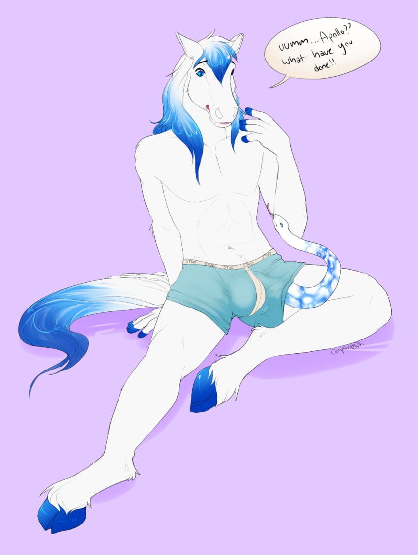 anthro black_eyebrows blue_eyes blue_hooves clothed clothing compass_(artist) copper_soul-fate english_text equid equine eyebrows feral fur genitals hi_res hooves male mammal penis reptile scalie sentient_penis snake snake_penis tail text underwear unusual_anatomy unusual_genitalia unusual_penis white_body white_fur