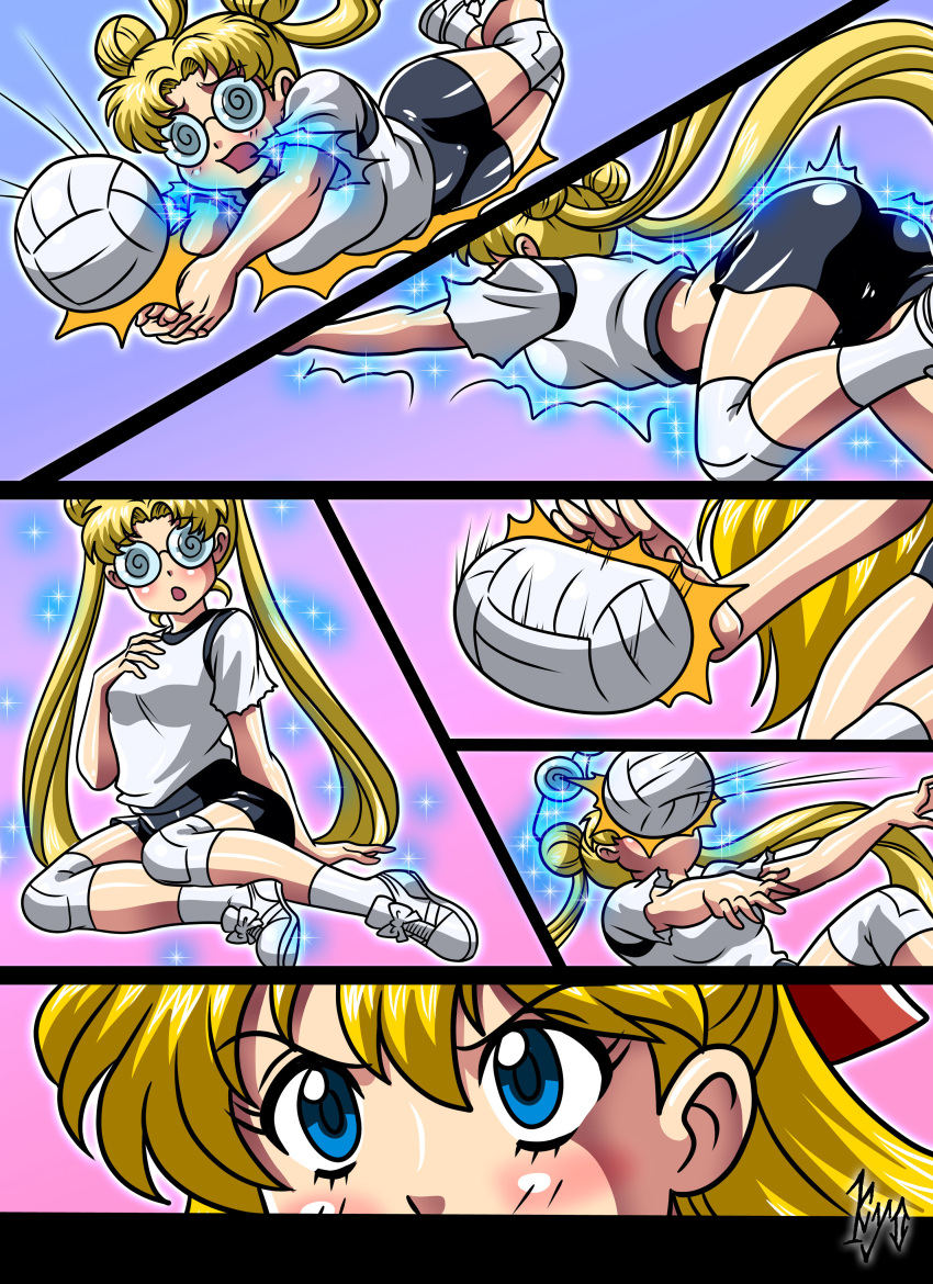 2girls ass_expansion bishoujo_senshi_sailor_moon clothing comic crotch female glasses gym_uniform huge_ass huge_breasts kyo-domesticfucker large_breasts mid-transformation minako_aino thick_thighs thigh_expansion transformation twinning usagi_tsukino volleyball volleyball_uniform wide_hips