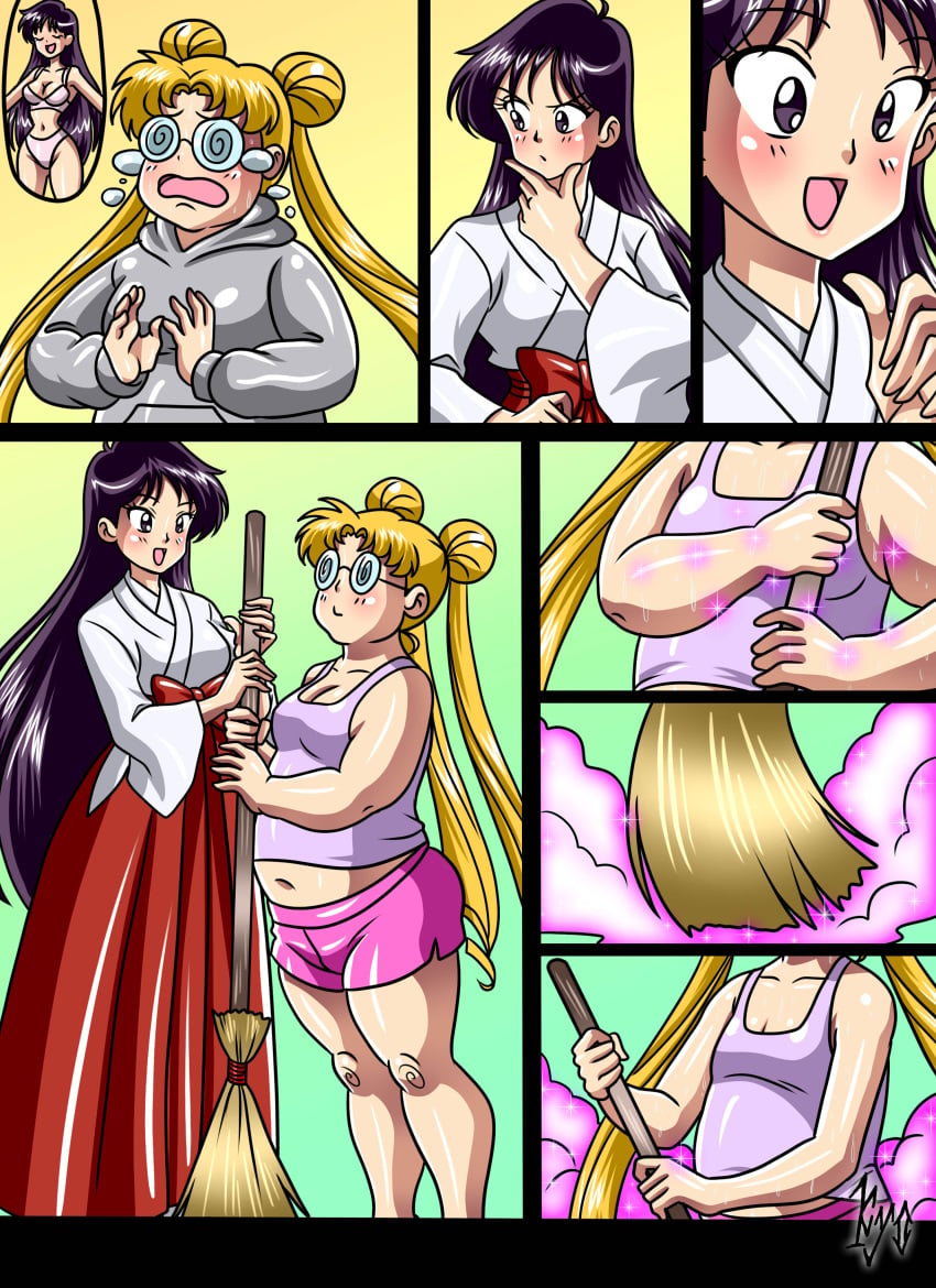 2girls bishoujo_senshi_sailor_moon bra breasts clothing comic fat female fully_clothed glasses kyo-domesticfucker panties pre-transformation rei_hino shorts thick_thighs transformation usagi_tsukino weight_loss wide_hips