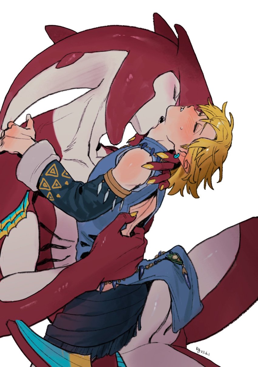 2boys back_cutout biting blonde_hair blush closed_eyes clothing_cutout dated detached_sleeves erection fish_boy frostbite_link frostbite_set_(zelda) highres link link_(tears_of_the_kingdom) male male_only monster_boy multiple_boys neck_biting neck_kiss nose_blush penis pointy_ears pretty_boy rg_(20000223) rg_(artist) romantic sharp_teeth sidon sidon_(zelda) signature simple_background size_difference tears_of_the_kingdom teeth the_legend_of_zelda white_background yaoi zora