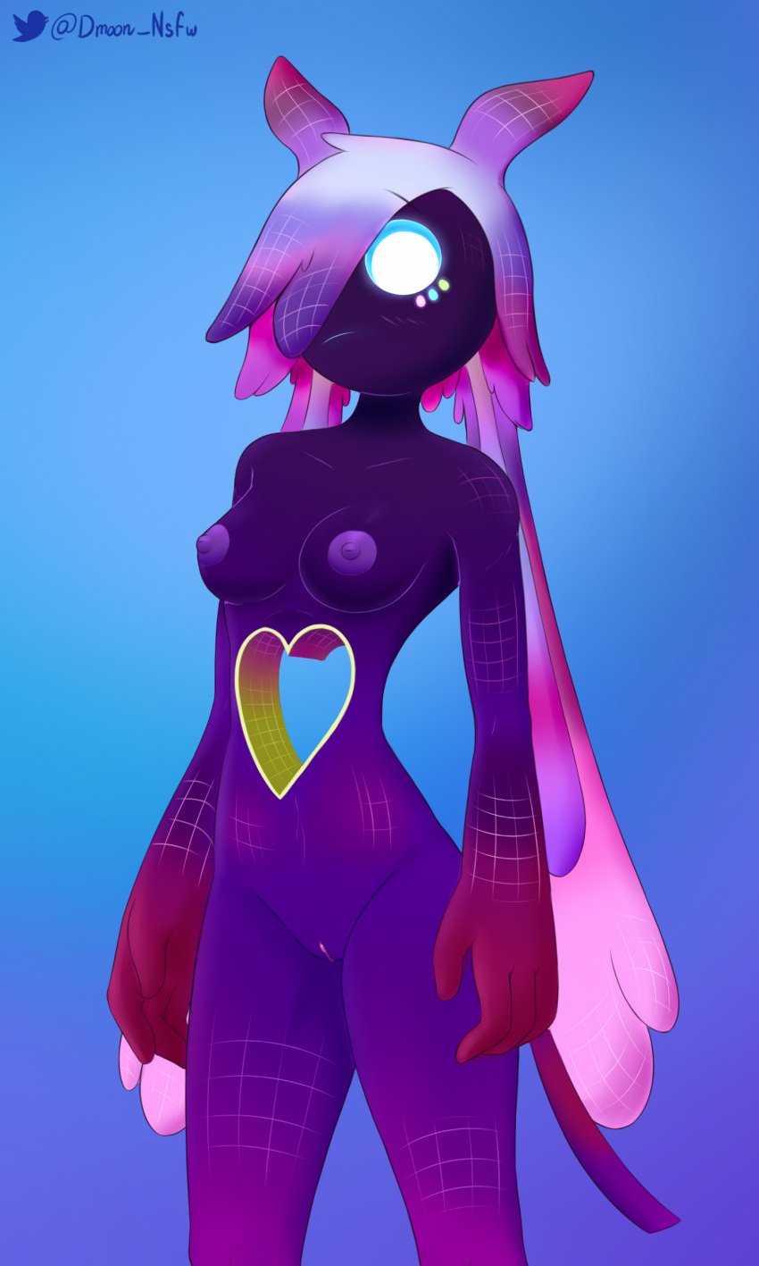 2023 absurd_res anthro areola ava_(fortnite) blue_eyes breasts digital_media_(artwork) dmoon epic_games female fortnite genitals gradient_background hair hi_res humanoid long_hair looking_at_viewer nipples nude purple_areola purple_body pussy simple_background small_breasts solo tarr_(fortnite) thick_thighs unknown_species