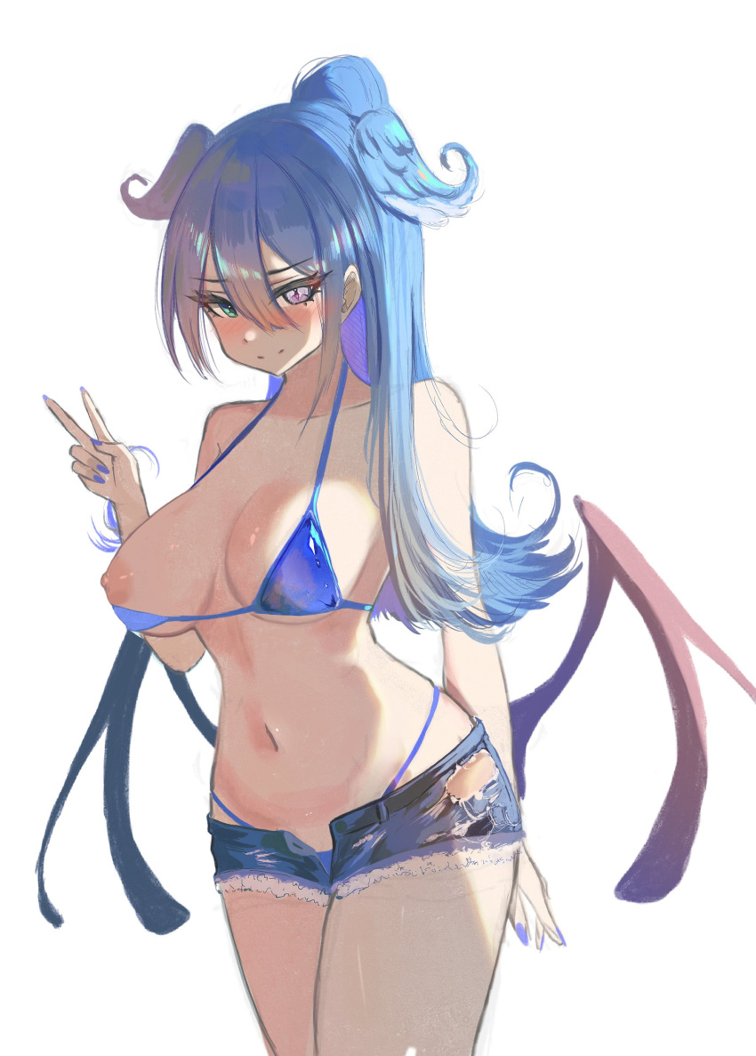 areola bikini bikini_top blue_hair breasts dabi_(s7nsles) denim_shorts dragon_girl elira_pendora head_wings heterochromia navel nijisanji nijisanji_en nipple_slip nipples one_breast_out painted_nails peace_sign ponytail ripped_clothing short_shorts torn_clothes unbuttoned unbuttoned_shorts virtual_youtuber wings