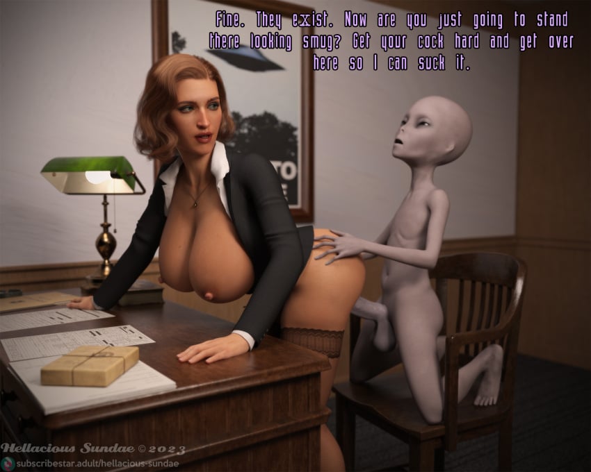 1boy 1girls 3d alien alien_boy big_ass dana_scully doggy_style female gillian_anderson grey-skinned_male grey_alien grey_skin hellacious_sundae human human_on_humanoid humanoid interspecies large_breasts light-skinned_female light_skin male mature_female mature_male office_chair office_lady straight thick_thighs voluptuous voluptuous_female x-files