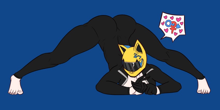 1girls ass_up big_ass black_bodysuit bodysuit cat_ears celty_sturluson cleavage durarara!! female gender_symbol_penetration helmet jack-o_pose niramoli solo tagme thick_thighs yellow_helmet