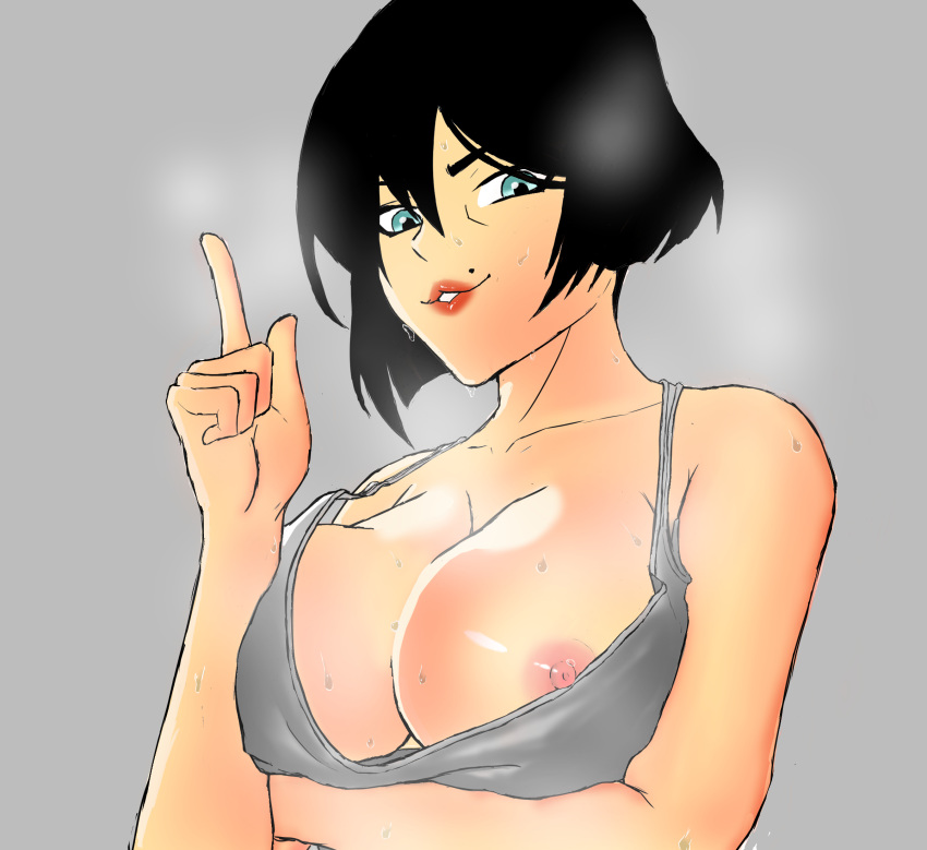 1girls beauty_mark big_breasts black_hair blue_eyes human looking_at_viewer nipple_slip no_bra one_arm_up one_breast_out one_finger_up original_character red_lipstick simple_background steam sweat tank_top