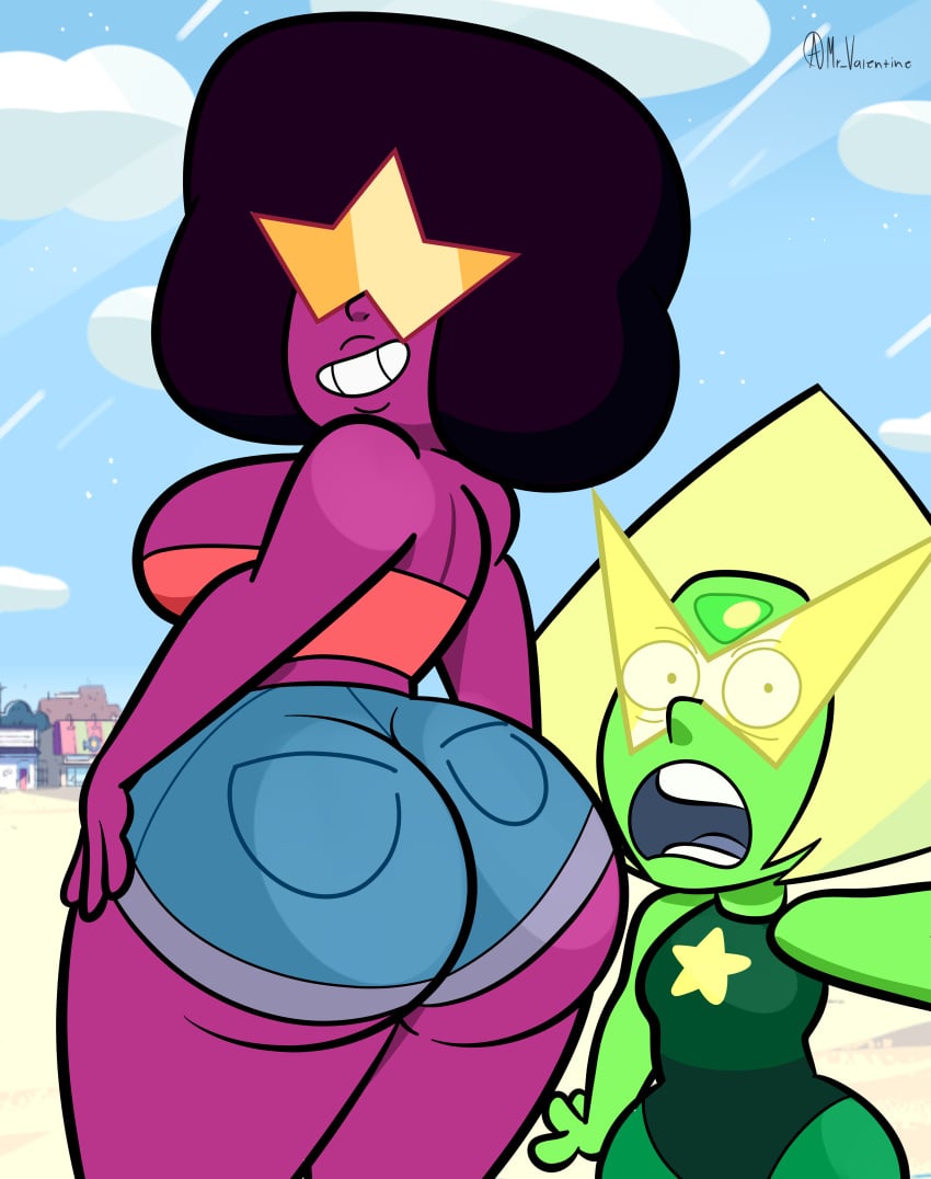 big_ass big_butt cartoon_network clothed clothing garnet_(steven_universe) gasp glasses mr_valentine00 open_mouth peridot_(steven_universe) shorts smile steven_universe