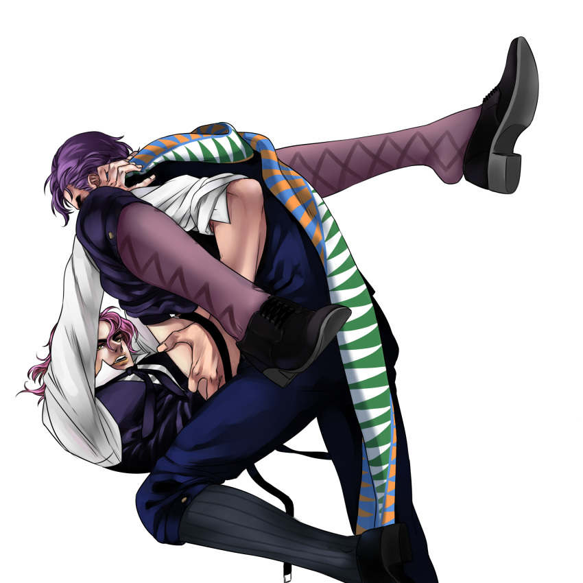 2boys alternate_hair_color anal ass clothed_sex dio_brando gay highres huang_lia implied_sex jojo's_bizarre_adventure jonathan_joestar male/male male_focus male_only missionary multiple_boys official_alternate_costume pants phantom_blood pink_hair purple_hair scarf shirt shoes short_hair triangle_print vest white_background yaoi yellow_eyes