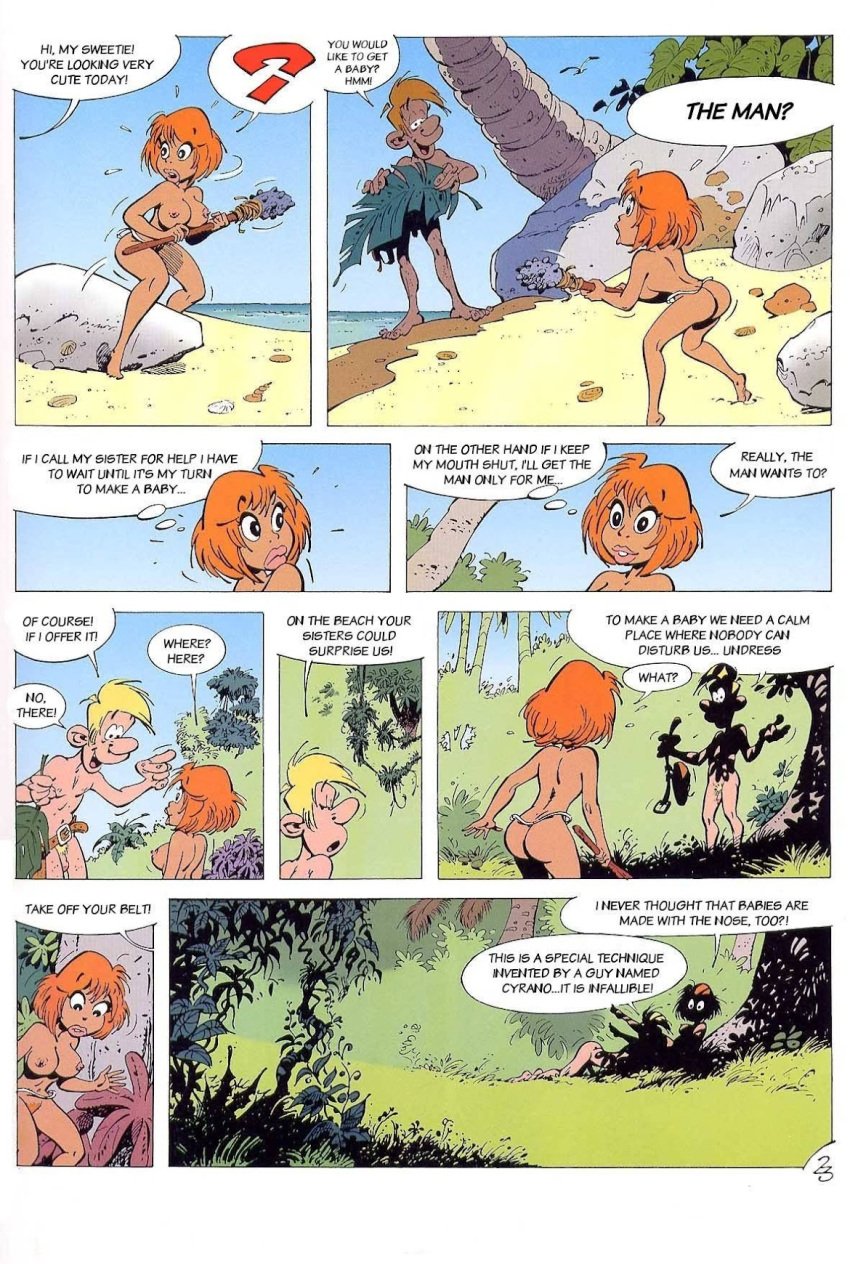 1990s 1999 1boy 1girls 20th_century amazon ass beach belt belt_only blonde_hair boulder club comic comic_page dialogue imminent_sex island light-skinned_female light-skinned_male mace nude nude_female nude_male oral oral_sex orange_hair page_23 palm_tree penis pierre_seron pubic_hair rocks seduction seductive short_hair tan-skinned_female trees unshaved_pussy voluptuous voluptuous_female