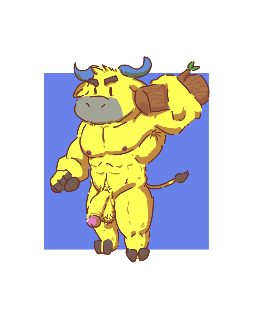 1boy abs absurd_res animal_crossing anthro armpit_hair balls biceps big_balls big_penis body_hair bovid bovine breasts bull coach_(animal_crossing) flaccid foreskin genitals hi_res huge_cock looking_at_viewer male male_focus male_only mammal muscular muscular_anthro muscular_male nintendo nipples pecs penis pubes rinrin28 simple_background simple_eyes solo solo_male yellow_body