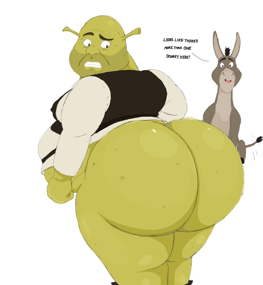 2boys animehikaridesu ass_focus bhm big_ass big_belly big_butt donkey donkey_(shrek) dreamworks fat green_skin huge_ass huge_butt male male_only obese obese_male ogre overweight overweight_male pantsless partially_clothed shrek shrek_(series) superchub