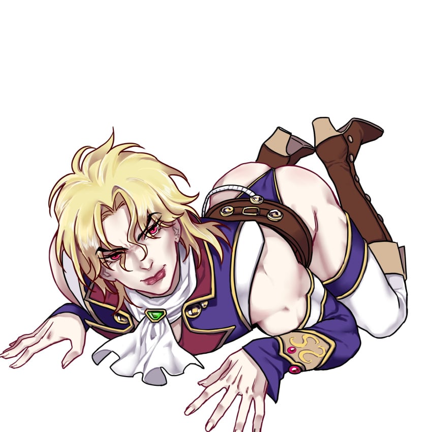 1boy ascot ass ass_up blonde blonde_hair boots clothing cute_face detached_sleeves dio_brando ear_birthmark feet_up full_body gay half-dressed half_naked huang_lia jojo's_bizarre_adventure lips long_hair long_nails looking_at_viewer male male_focus male_only muscular muscular_male nails on_floor phantom_blood phantom_blood_(film) red_eyes revealing_clothes simple_background smile solo top-down_bottom-up white_background white_skin