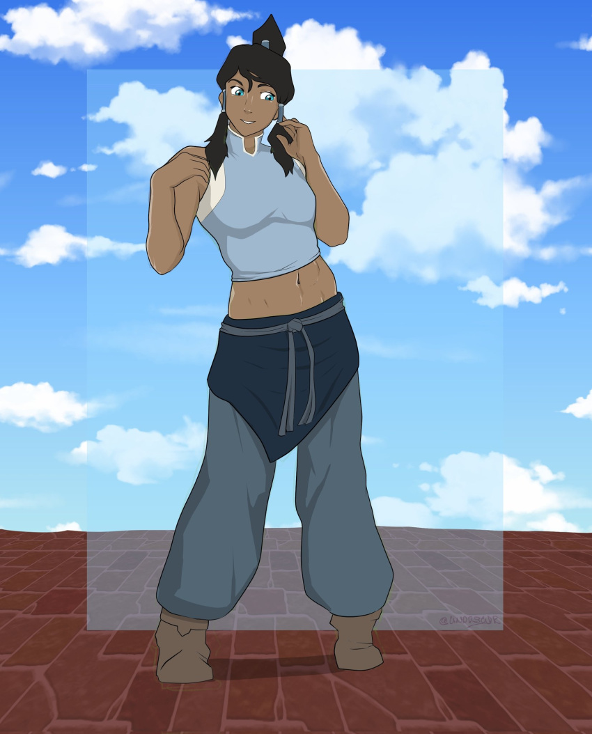 1girls avatar_legends clothed_female dark-skinned_female dark_skin exposed_midriff female female_only fully_clothed korra muscular_female solo the_avatar the_legend_of_korra undrsydr water_tribe