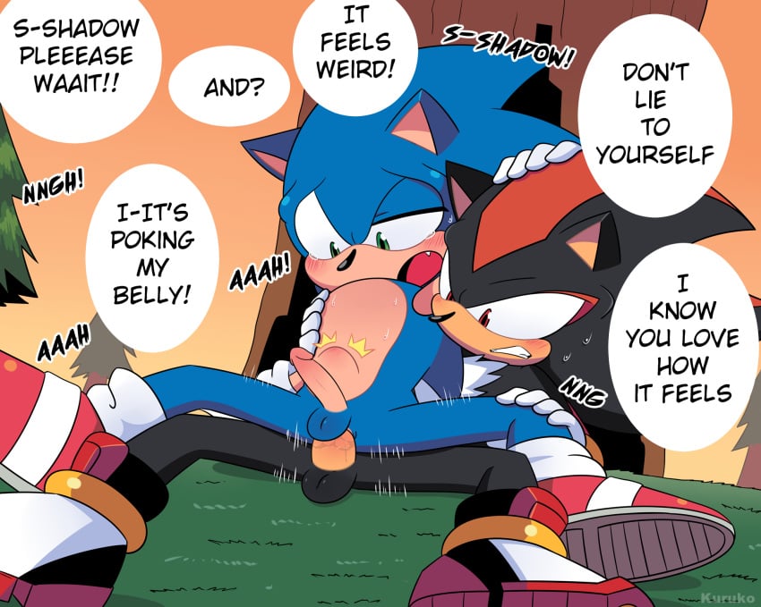 anal anal_sex anthro anthro_on_anthro anthro_penetrated anthro_penetrating anthro_penetrating_anthro biped black_body blue_body blush detailed_background dialogue duo english_text erection eulipotyphlan genitals green_eyes hedgehog hi_res kuruko male male/male male_penetrated male_penetrating male_penetrating_male mammal open_mouth penetration penis red_eyes sega sex shadow_the_hedgehog sonadow sonic_(series) sonic_the_hedgehog sonic_the_hedgehog_(series) speech_bubble stomach_bulge text