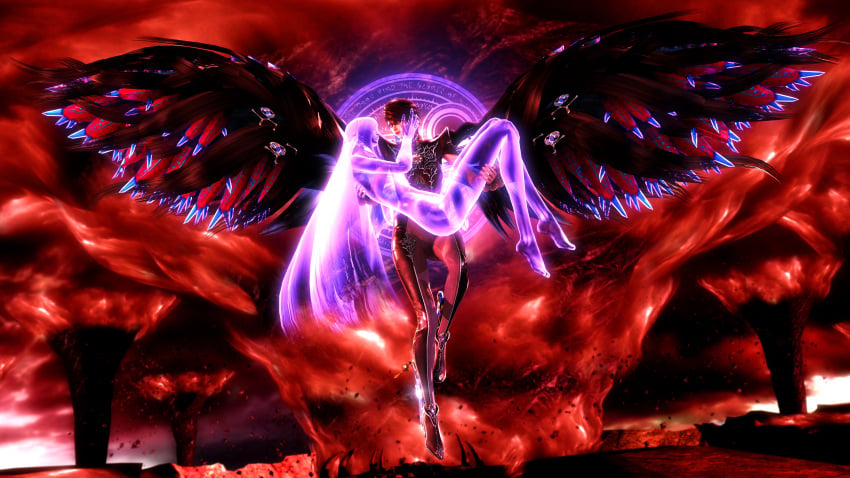 2girls 3d bayonetta bayonetta_(character) bayonetta_2 glasses hell holding_partner jeanne_(bayonetta) looking_at_another romantic sfw short_hair spirit very_high_resolution wings yuri