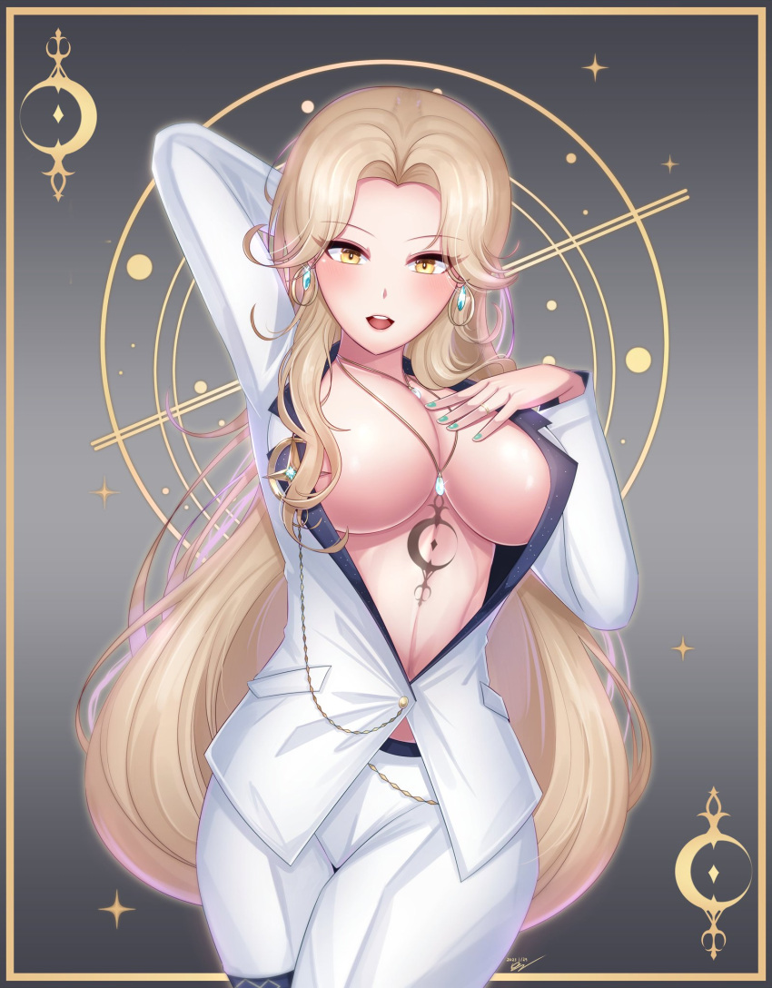 1girls big_breasts blonde_hair blush breasts clothed clothing earrings female female_only jewelry light-skinned_female light_skin looking_at_viewer luxeed necklaces necrom_(0necrom0/necrom9737) ring solo tattoo virtual_youtuber vrecord yellow_eyes