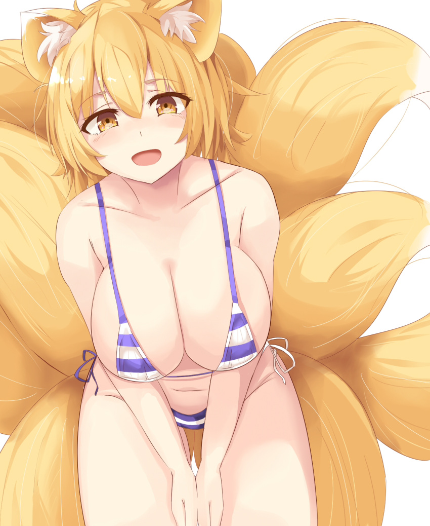 1girls animal_ears big_breasts bikini blonde_hair blush breasts cleavage collarbone fox_ears fox_girl fox_tail hi_res horny karatakewari leaning_forward looking_at_viewer micro_bikini multiple_tails navel open_mouth peekaboo peeking_out ran_yakumo short_hair side-tie_bikini_bottom simple_background smile solo striped striped_bikini swimsuit tail touhou v_arms white_background yellow_eyes