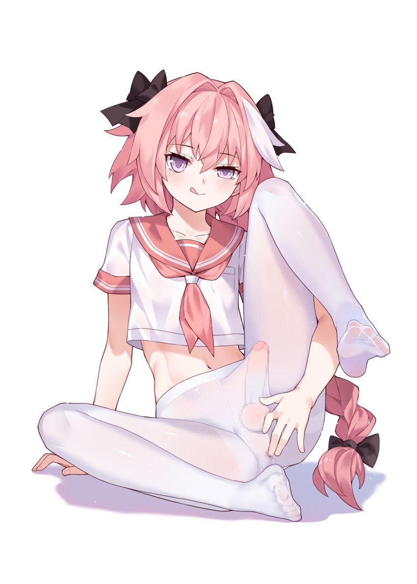 1boy :q anus astolfo_(fate) astolfo_(sailor_paladin)_(fate) black_bow blush bow braid bulge censored closed_mouth collarbone crop_top erection erection_under_clothes fate/apocrypha fate/grand_order fate_(series) feet full_body hair_between_eyes hair_intakes hairbow highres knee_up legs long_hair looking_at_viewer male_focus mosaic_censoring multicolored_hair naughty_face navel no_panties no_shoes official_alternate_costume otoko_no_ko pantyhose penis pink_hair pink_sailor_collar purple_eyes sailor_collar shadow shirt short_sleeves simple_background single_braid sitting smile solo solo_male spread_legs testicles tongue tongue_out tsubasa_tsubasa tsurime two-tone_hair uneven_eyes very_long_hair white_background white_hair white_pantyhose