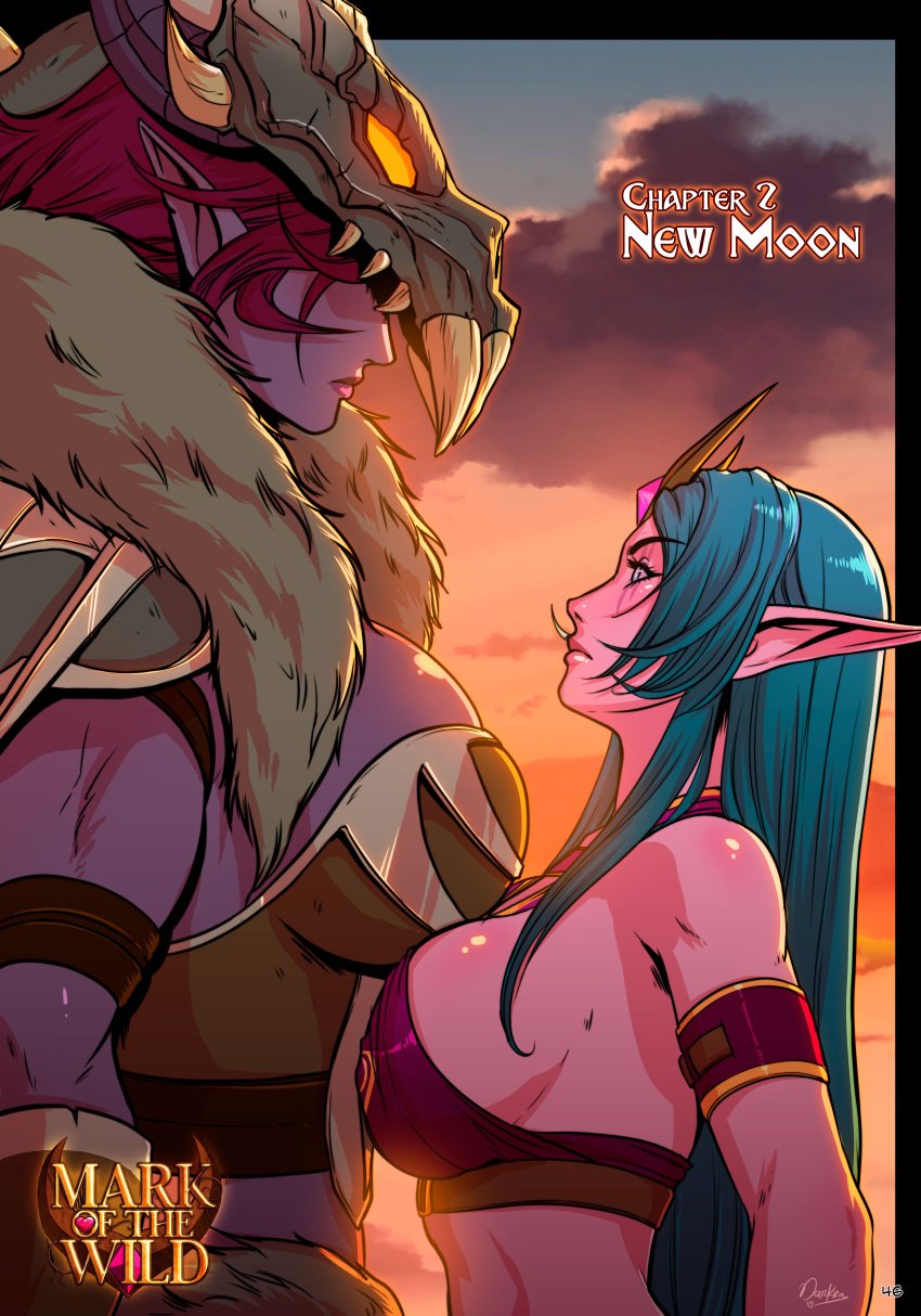 2girls aqua_hair athletic_female big_breasts blizzard_entertainment chapter_2 comic comic_page darkra draenei female female_only lulusa_wildmist original_character page_46 pink_skin purple_hair purple_skin warcraft world_of_warcraft yuri