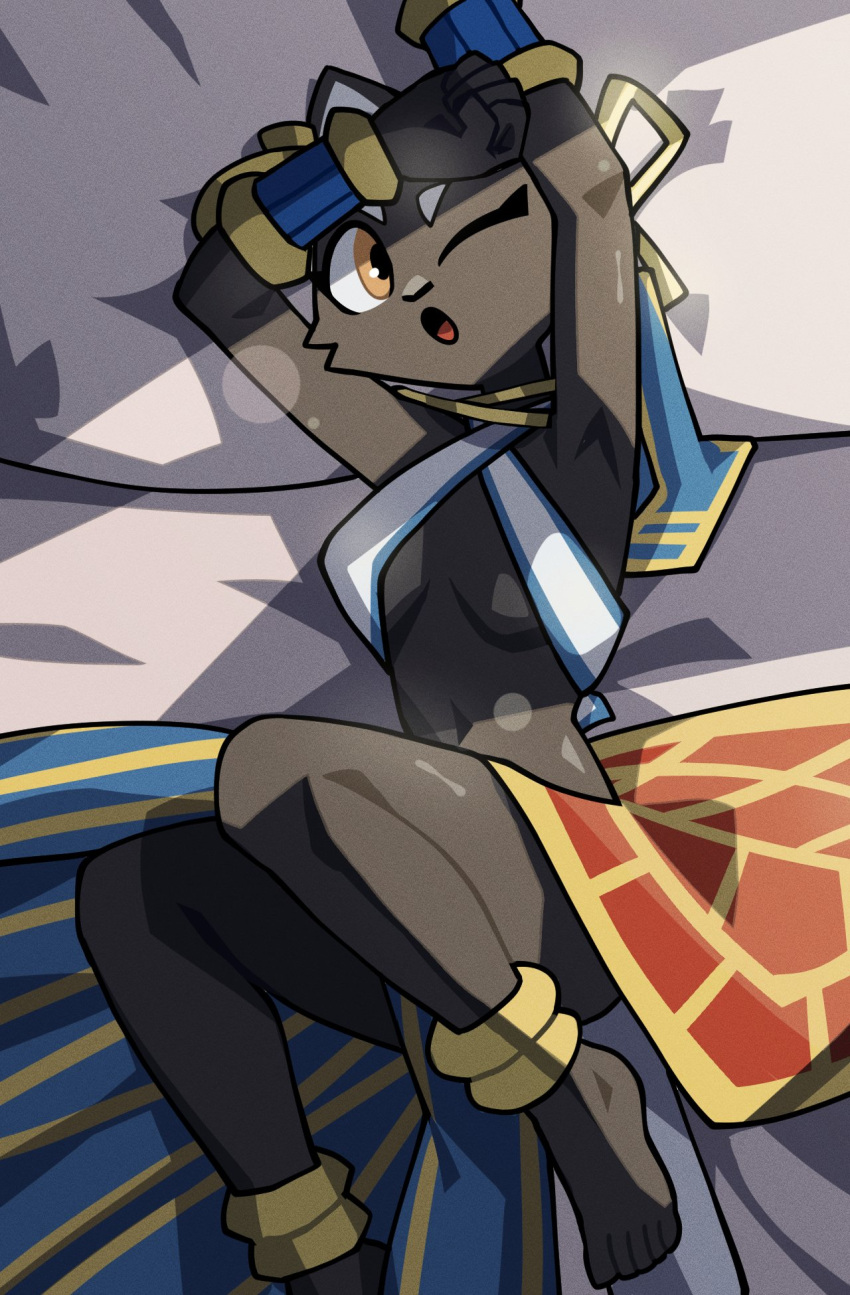 1girls 2023 anthro armpits black_body breasts cute egyptian_clothes feline female female_only furry furry_only hazel_eyes in_bed medium_breasts navel nulia one_eye_closed pointy_chin stretching tarahe tongue waking_up wholesome