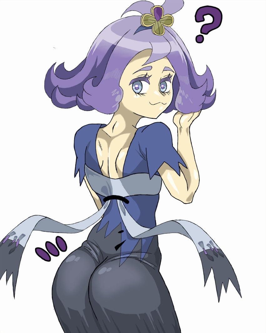 1girls acerola_(pokemon) ass ass_focus back_view big_ass big_butt black_dress blue_eyes dress female_focus female_only hair_ornament pale-skinned_female pale_skin pokemon pokemon_sm purple_hair schlumper shortstack thigh_clothes trial_captain