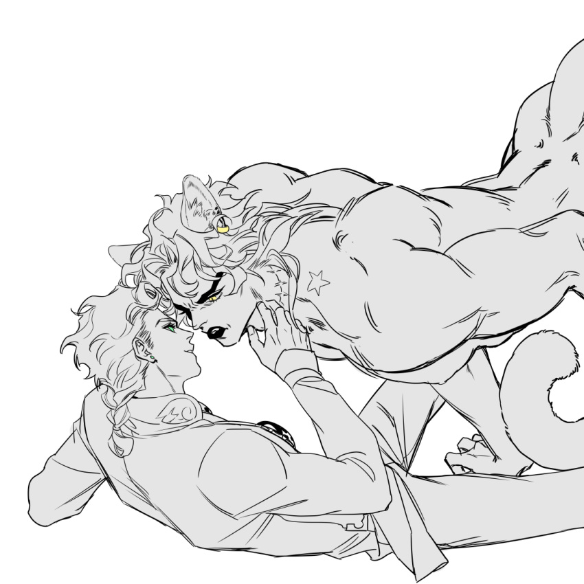 2boys animal_ears braid dio_brando father_and_son gay giorno_giovanna huang_lia incest jojo's_bizarre_adventure lion_boy lion_ears lion_tail long_hair male male_focus monochrome multiple_boys muscular muscular_male nude size_difference smile tail vento_aureo yaoi