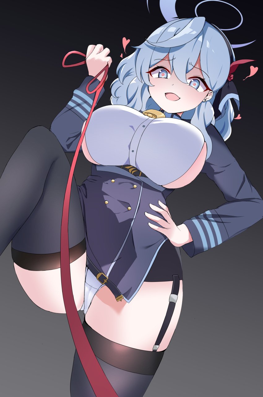 1girl 1girls ako_(blue_archive) black_background blue_archive blue_eyes blue_hair cowbell femdom garter_straps gehenna_academy_logo_(blue_archive) gehenna_academy_student heart-shaped_pupils huge_breasts leash leash_pull looking_at_viewer moongzzi open_mouth panties prefect_team_(blue_archive) sideboob thighhighs