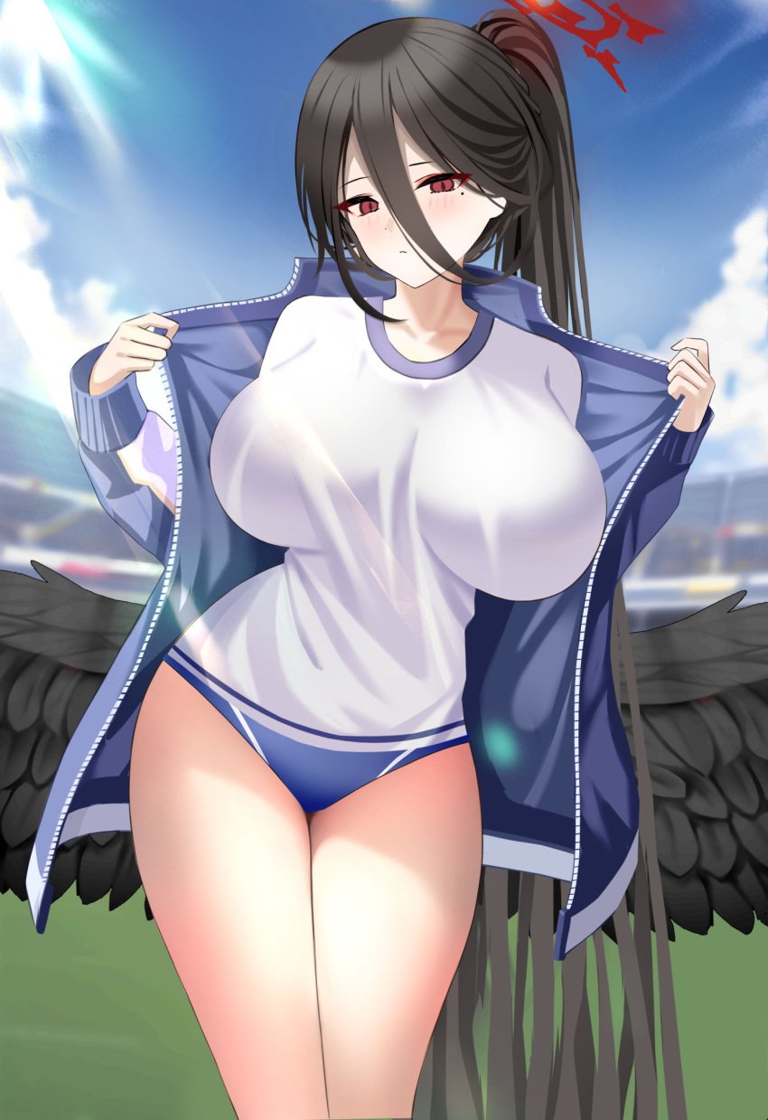 1girls alternate_version_available big_breasts black_hair black_wings blue_archive blush breasts buruma closed_mouth collarbone dina_(dinafya_) feathered_wings female female_only hair_between_eyes halo hasumi_(blue_archive) hasumi_(gym_uniform)_(blue_archive) hi_res jacket large_breasts light-skinned_female light_skin long_hair looking_at_viewer mole mole_under_eye outdoors red_eyes slit_pupils solo wings