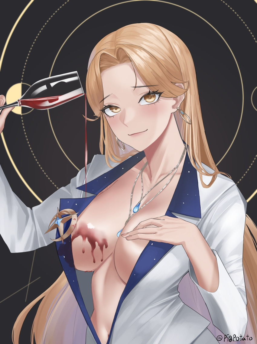 1girls big_breasts blonde_hair blush breasts earrings female female_only glass_cup jewelry light-skinned_female light_skin looking_at_viewer luxeed necklaces pigpotato pointy_chin solo spilled_drink spilled_wine virtual_youtuber vrecord wine wine_glass yellow_eyes