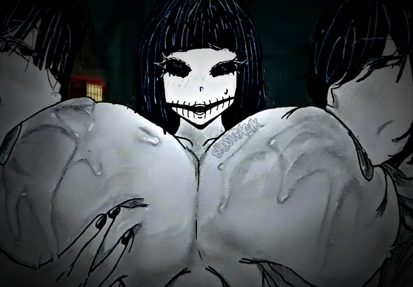 3girls ahegao black_hair blush breast_sucking chihiro_(the_mimic) drooling embarrassed explicit ghostfacik glistening_skin huge_breasts ink lineart monochrome nsfw nursing roblox roblox_game rolling_eyes saliva self_upload shion_(the_mimic) sketch sweat the_mimic traditional_media