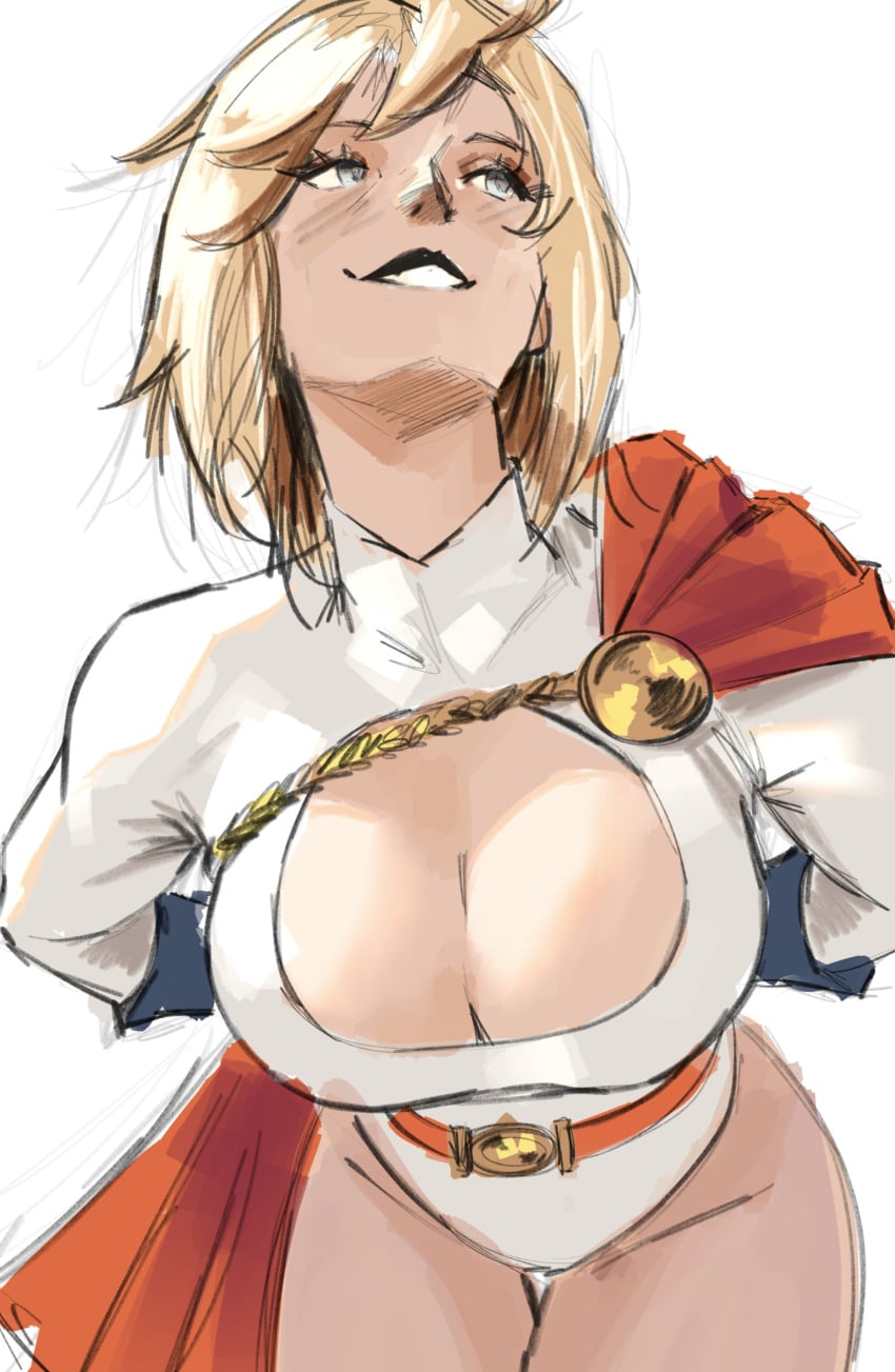 1girls big_breasts blonde_hair cape cleavage dc dc_comics female_only hips karen_starr kryptonian leotard missfaves power_girl power_girl_(cosplay) power_girl_cosplay_pose_(missfaves) red_cape short_hair smile solo solo_female superheroine superman_(series) thick_thighs thighs