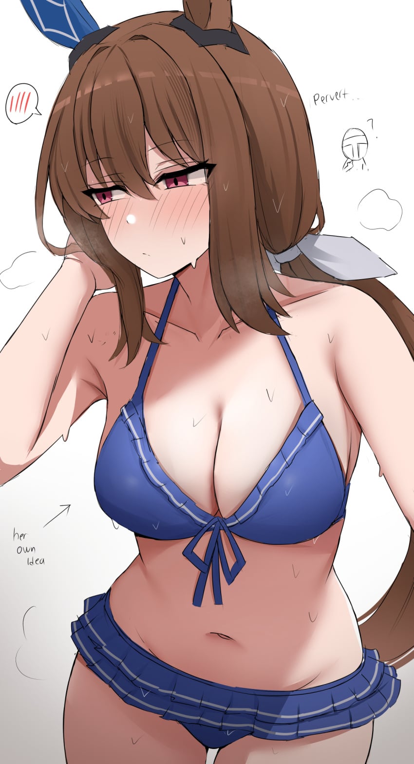 1girl admire_vega_(umamusume) blue_bikini blush brown_hair cleavage closed_mouth collarbone frilled_bikini horse_ears horse_girl horse_tail large_breasts long_hair low_ponytail namikare navel red_eyes solo stomach umamusume umamusume_pretty_derby