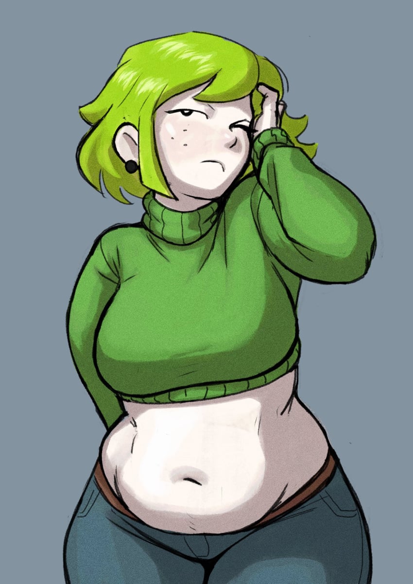 belly belly_button belly_fat casual chubby chubby_belly chubby_female crop_top cropped_sweater earrings ears exposed_belly fanart fat fat_belly female female_only freckles freckles_on_face green_hair hips hips_wider_than_shoulders hourglass_figure hourglass_figured_female jeans jimcheaseburger midriff navel oc one_eye_closed original_character pear-shaped_figure sfw short_hair short_hair_female solo solo_female thick thick_thighs tummy waist white_body white_skin white_skinned_female wide_hips