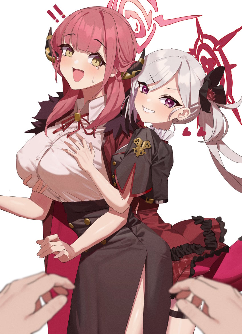 1boy 2girls aru_(blue_archive) big_breasts blue_archive blush feipin_zhanshi halo horns mutsuki_(blue_archive) pov red_hair touching_breast white_hair