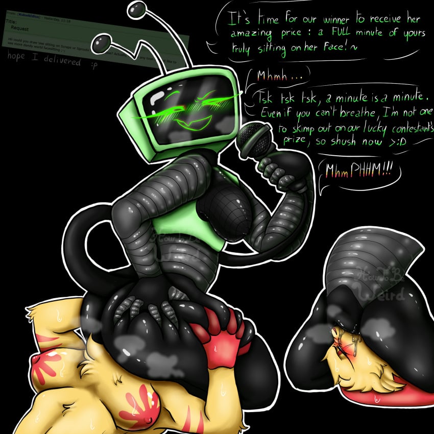 2girls ass_grab boobs breasts breath_play caption cat_girl claws cunnilingus dandy's_world dandys_world domination english_text face_riding face_sitting furry furry_female howtobeweird lesbian microphone punishment pussy_juice pussy_juice_drip request roblox robot robot_girl scraps_(dandy's_world) shiny_skin skin_markings smug smug_expression smug_face smug_grin smug_smile squish suffocation sweat sweatdrop sweating tail thigh_grab thigh_squish thighs tv_head vee_(dandy's_world) yuri