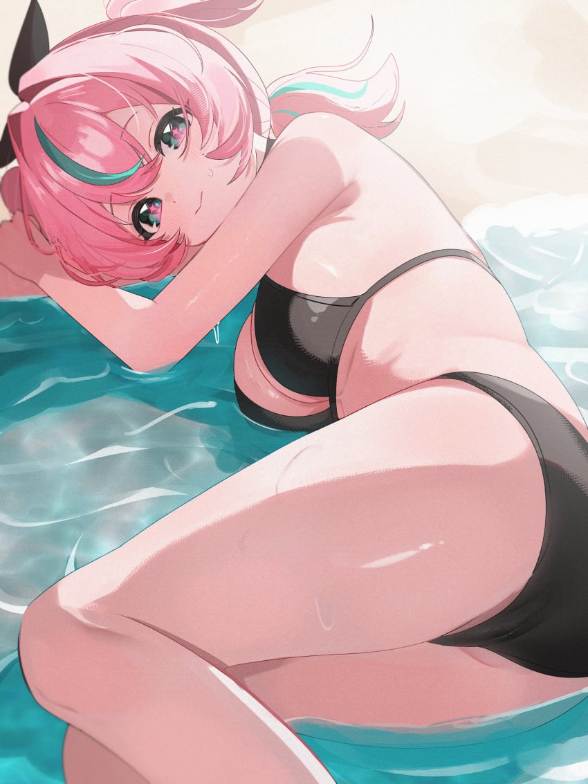 +_+ 1girl absurdres alternate_costume aqua_eyes aqua_hair aqua_streaks aria_(zenless_zone_zero) aria_(zenless_zone_zero)_(human_form) ass bare_shoulders beach bikini black_bikini blush breasts closed_mouth day highres large_breasts long_hair looking_at_viewer lying medium_hair multicolored_hair ocean on_side pink_hair pink_pupils quad_tails sand shusuchii smile solo star-shaped_pupils star_(symbol) streaked_hair swimsuit symbol-shaped_pupils thighs two-tone_hair wet zenless_zone_zero