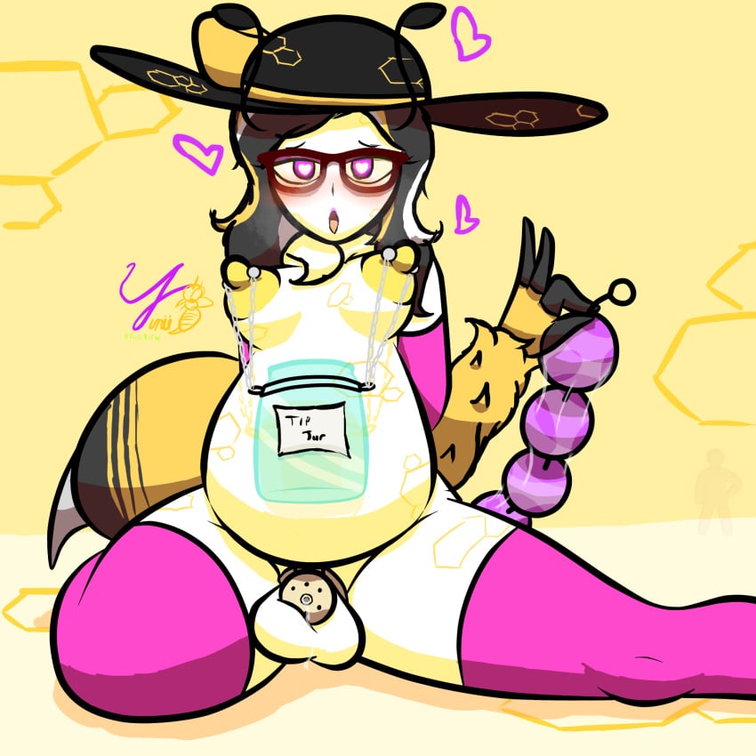 anal_beads antennae_(anatomy) bee belly chastity chastity_cage chastity_device chubby futanari glasses hat nipple_piercing nipples offering_to_viewer presenting self_insert stinger stockings tip_jar yurii_(artist) yuriinsfw_(artist)