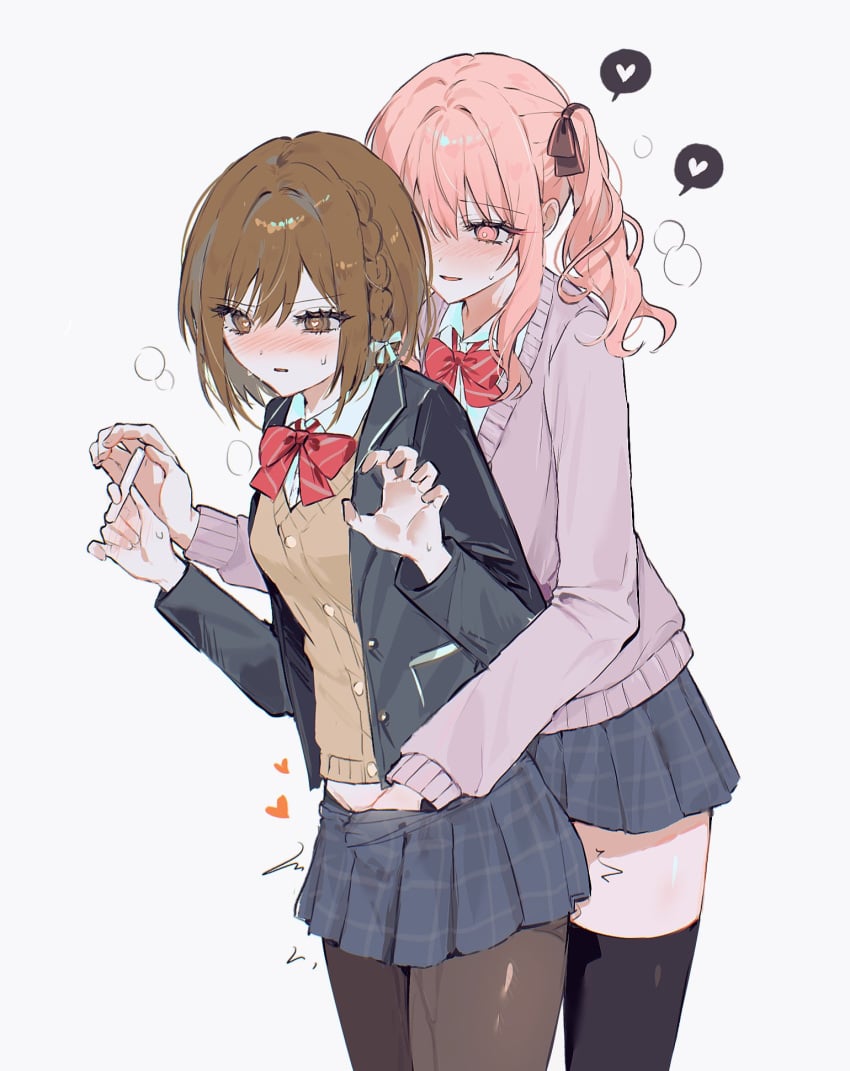1girl 1other akiyama_mizuki black_thighhighs bow bowtie braid brown_hair cardigan clothed_sex clothes_pull collared_shirt commentary_request cowboy_shot dress_shirt fingering heart heart_in_eye highres kamiyama_high_school_uniform_(project_sekai) lapels other_with_female project_sekai pussy_juice red_bow red_bowtie school_uniform shinonome_ena shirt side_braid simple_background skirt skirt_pull spoken_heart symbol_in_eye thighhighs vmtpzk white_background white_shirt yellow_cardigan