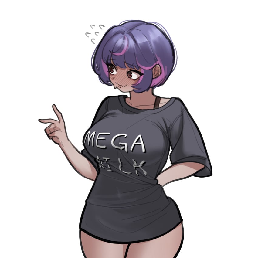 1girls blush female female_focus female_only full-face_blush gosegyun juno_(overwatch) light-skinned_female light_skin looking_away loose_clothes mega_milk nervous nervous_smile overwatch purple_hair shirt_tighten_meme short_hair shy simple_background solo t-shirt/pajamas_challenge v v_sign white_background wide_hips