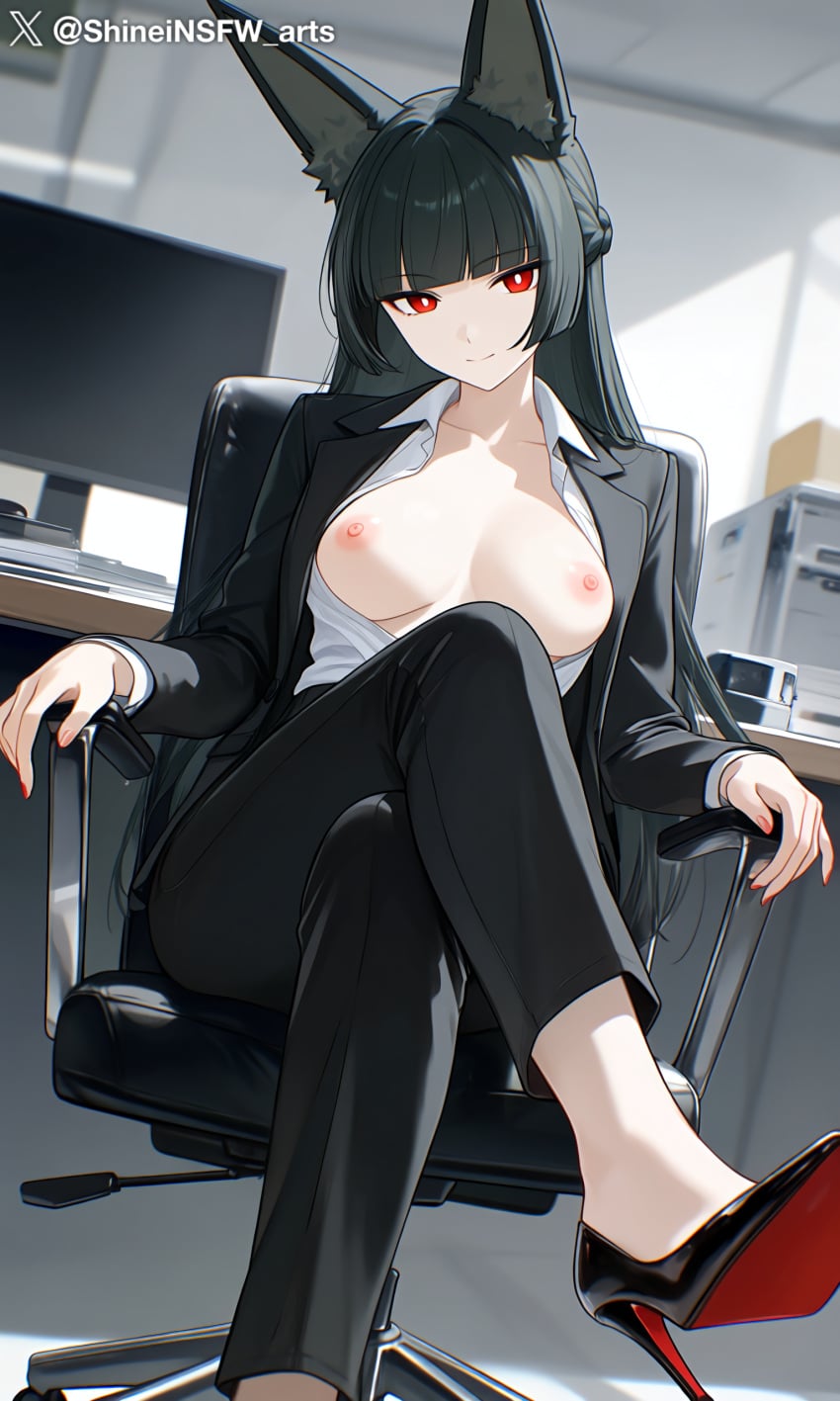 1girls ai_generated black_hair breasts hoshimi_miyabi looking_at_viewer nipples red_eyes shineinsfw smile solo uncensored wet zenless_zone_zero