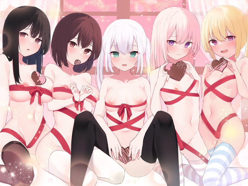 5girls bdsm bed black_hair blonde_hair blush bondage bound breasts brown_eyes brown_hair candy chocolate everyone food green_eyes heart heart-shaped_chocolate heart-shaped_food highres large_breasts long_hair medium_breasts memekko multiple_girls naked_ribbon navel nipple_slip nipples nude original pink_eyes pink_hair ponytail purple_eyes ribbon short_hair small_breasts spread_legs stomach striped_clothes striped_thighhighs swept_bangs thighhighs twintails valentine white_hair window