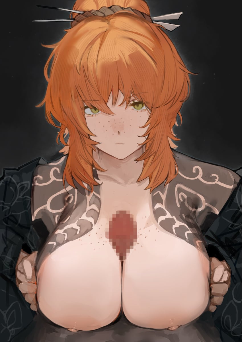 1boy1girl censored censored_penis female green_eyes ishmael_(limbus_company) kao2kan limbus_company male male_pov mosaic_censoring orange_hair paizuri pov project_moon tagme tattoo tattoos