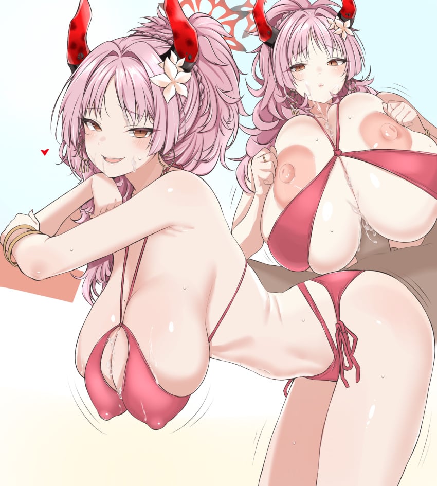 1boy 1girl absurdres bent_over bikini black_horns blue_archive blush bracelet breasts brown_eyes commentary_request earrings flower hair_flower hair_ornament halo hanging_breasts highres horns huge_breasts jewelry kokechan large_areolae long_hair looking_at_viewer multicolored_horns nipples official_alternate_costume paizuri pink_hair red_bikini red_halo red_horns satsuki_(blue_archive) satsuki_(swimsuit)_(blue_archive) simple_background smile swimsuit two-tone_horns