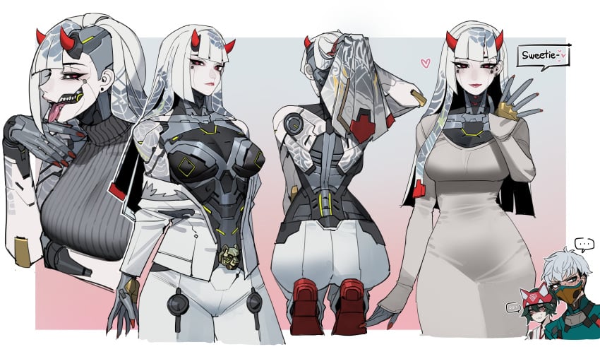 1boy 2girls ass big_ass breasts collage female female_focus green_hair kiriko_(overwatch) long_hair male medium_breasts mizuki_(overwatch) multiple_girls overwatch overwatch_2 questionable ratatatat74 red_eyes robot robot_girl shion_(overwatch) sweater waving waving_at_viewer white_hair