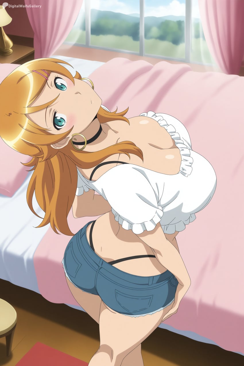1girl aged_up ai_generated aqua_eyes ass bed bedroom black_choker blush breasts choker cleavage crop_top curtains denim denim_shorts digitalwaifugallery earrings hair_ornament hairclip hi_res high_quality high_resolution highleg hoop_earrings indoors jewelry kousaka_kirino large_breasts long_hair looking_at_viewer looking_back orange_hair ore_no_imouto_ga_konna_ni_kawaii_wake_ga_nai panties panty_straps patreon seductive sexy shirt short_shorts shorts solo standing thong uncensored underwear watermark white_shirt